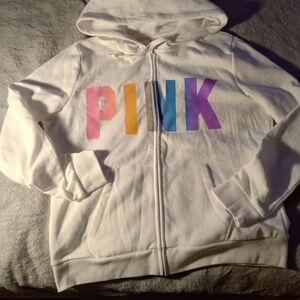 PINK Victoria's Secret White Zip-Up Hoodie with Rainbow Block Letters